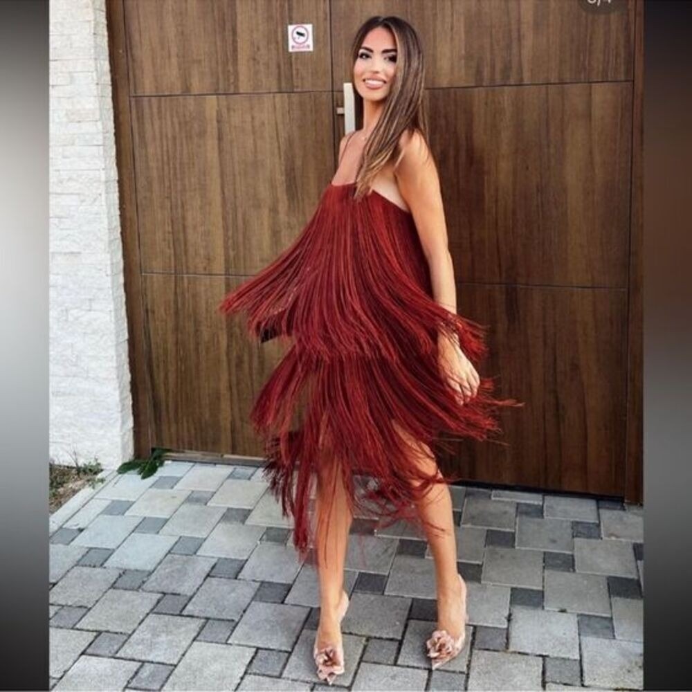 Commense Burgundy Fringe Dress Spaghetti Strap Cocktail Party Flapper Dress S